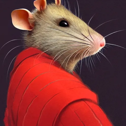 Prompt: portrait of a rat with a humanoid face, male, handsome, full body, furry chest, red hair, long hair, soft hair, fantasy, red kimono, intricate, elegant, highly detailed, suit, digital painting, artstation, concept art, character art, smooth, sharp focus, illustration, art by artgerm and greg rutkowski and alphonse mucha