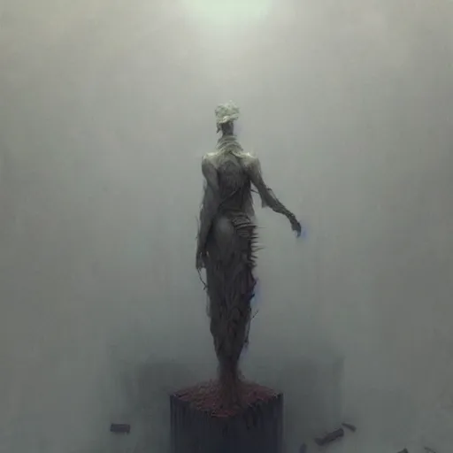 Image similar to detailed concept art of an ominous floating sculpture in an empty room, artstation, award - winning realistic concept art by jim burns and greg rutkowski, beksinski, a sci - fi concept art masterpiece, james gilleard, bruegel, alphonse mucha, and yoshitaka amano.