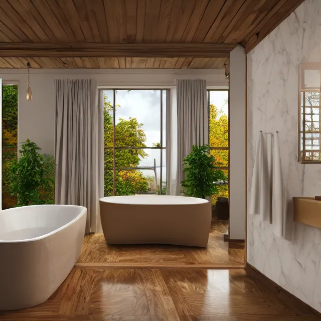 Image similar to post and beam bathroom interior, bathtub with golden faucet, wood cabinets, marble floor, large window in back with new hampshire fall foliage river view, large potted plant, realistic, unreal engine render, octane render, hyper realistic, photo, 8 k