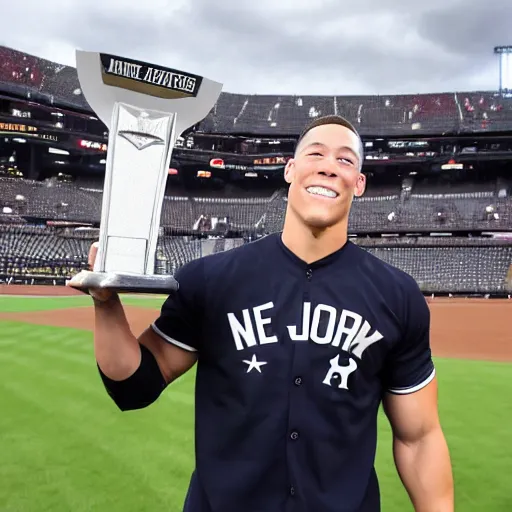 Prompt: aaron judge holding a championship trophy