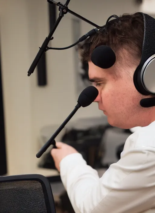 Image similar to photograph of saint thomas aquinas recording a podcast wearing headphones 8k UHD detailed 85mm CANON EOS