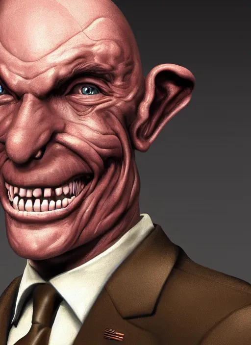 Image similar to a hyper realistic portrait of a smiling male alien in a suit for advertisement, artstation