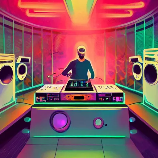 Image similar to a dj creating disco music in an underground lab, surrounded by large retro speakers, digital painting, artstation, ristan eaton, victo ngai, artgerm, rhads, ross draws, anime styled, hd, 4 k