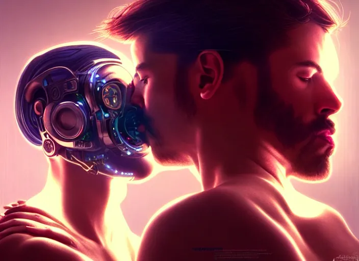 Image similar to ultra realistic medium shot of a couple of cyborgs kissing, lovers, cyberpunk, sci - fi, fantasy, kodak, colour led, soft light, volumetric lighting, night, intricate, highly detailed, digital painting, concept art, smooth, sharp focus, illustration, art by artgerm and greg rutkowski and alphonse mucha