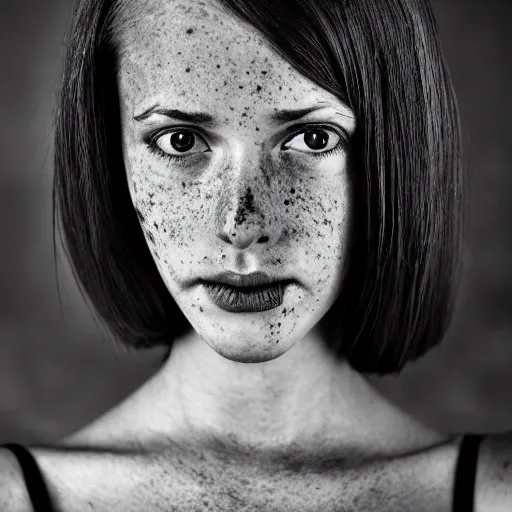 Prompt: black & white portrait of a red-haired girl with freckles, high quality, high detailed, 35mm lens, black background