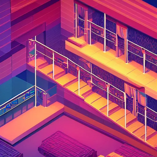 Prompt: a drawing of a room with a staircase, a computer rendering by kilian eng, cg society contest winner, psychedelic art, op art, isometric, voxel art, vaporwave
