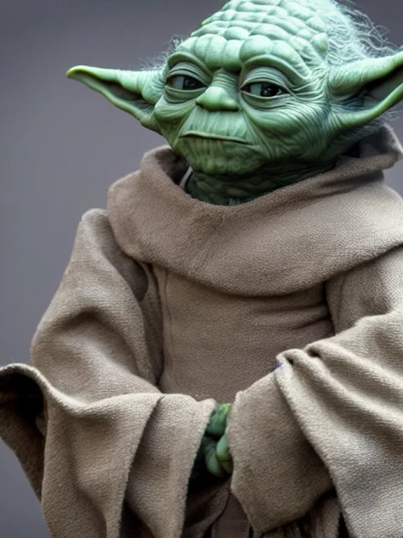 Image similar to 4K HD, high detail photograph, shot with Sigma f/ 4.2 , 250 mm sharp lens, shallow depth of field : (subject= Yoda + subject detail= accurate body features, consistent, high detailed light refraction , high level texture render)