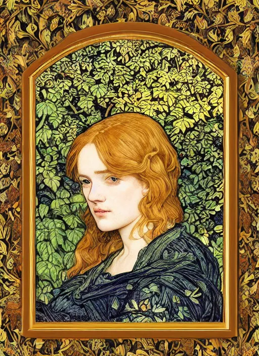 Prompt: masterpiece beautiful seductive flowing curves preraphaelite face portrait photography, extreme close up shot, straight bangs, thick set features, yellow ochre ornate medieval dress, laying amongst foliage mushroom forest circle arch, william morris and kilian eng and mucha, framed, 4 k