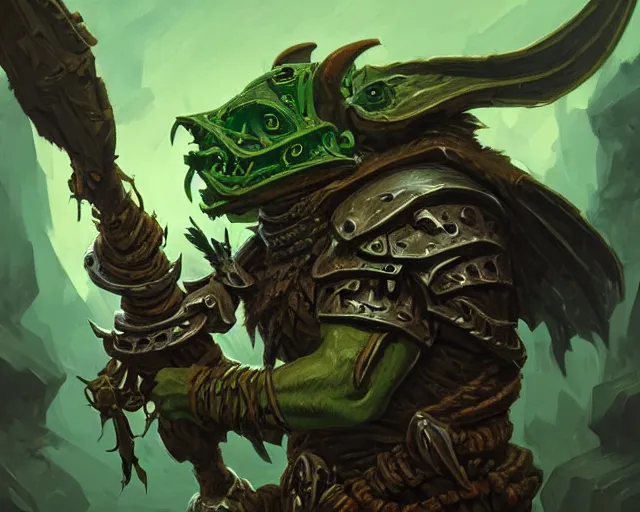 Prompt: a mind - blowing portrait of a goblin chieftain, wearing a skeleton armor, green, deep focus, d & d, fantasy, intricate, elegant, highly detailed, digital painting, artstation, concept art, matte, sharp, illustration, hearthstone, art by artgerm and greg rutkowski and alphonse mucha