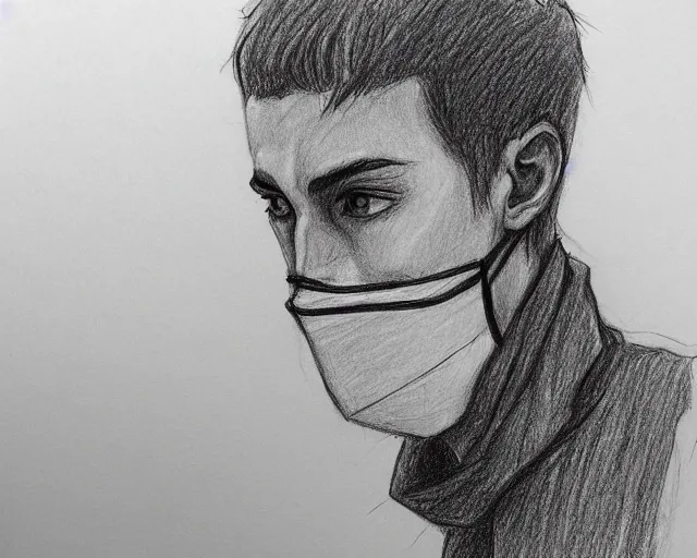 Image similar to draft drawing of a european young man covering face with fabric mask, draft sketch, trending on artstation, context art, pencil sketch, high detail