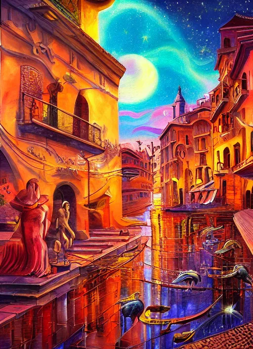 Image similar to ethereal starlit city of magic lost in time at sunset, italian futurism, art station, da vinci, hd, digital painting