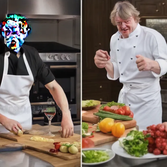 Image similar to vladimir putin and james may in white apron in kitchen cooking dinner. stock photo, photograph