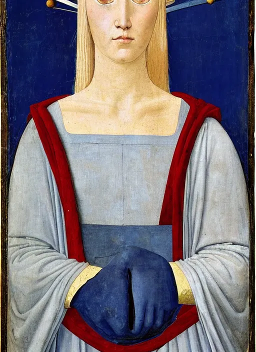 Image similar to portrait of young woman in medieval dress and medieval headdress, blue eyes and blond hair, style by piero della francesca