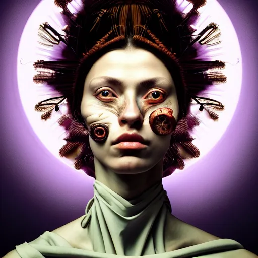 Image similar to Colour Caravaggio style Photography of Beautiful woman with highly detailed 1000 years old face wearing higly detailed sci-fi halo above head designed by Josan Gonzalez Many details, last forum. . In style of Josan Gonzalez and Mike Winkelmann andgreg rutkowski and alphonse muchaand Caspar David Friedrich and Stephen Hickman and James Gurney and Hiromasa Ogura. Rendered in Blender, volumetric natural light