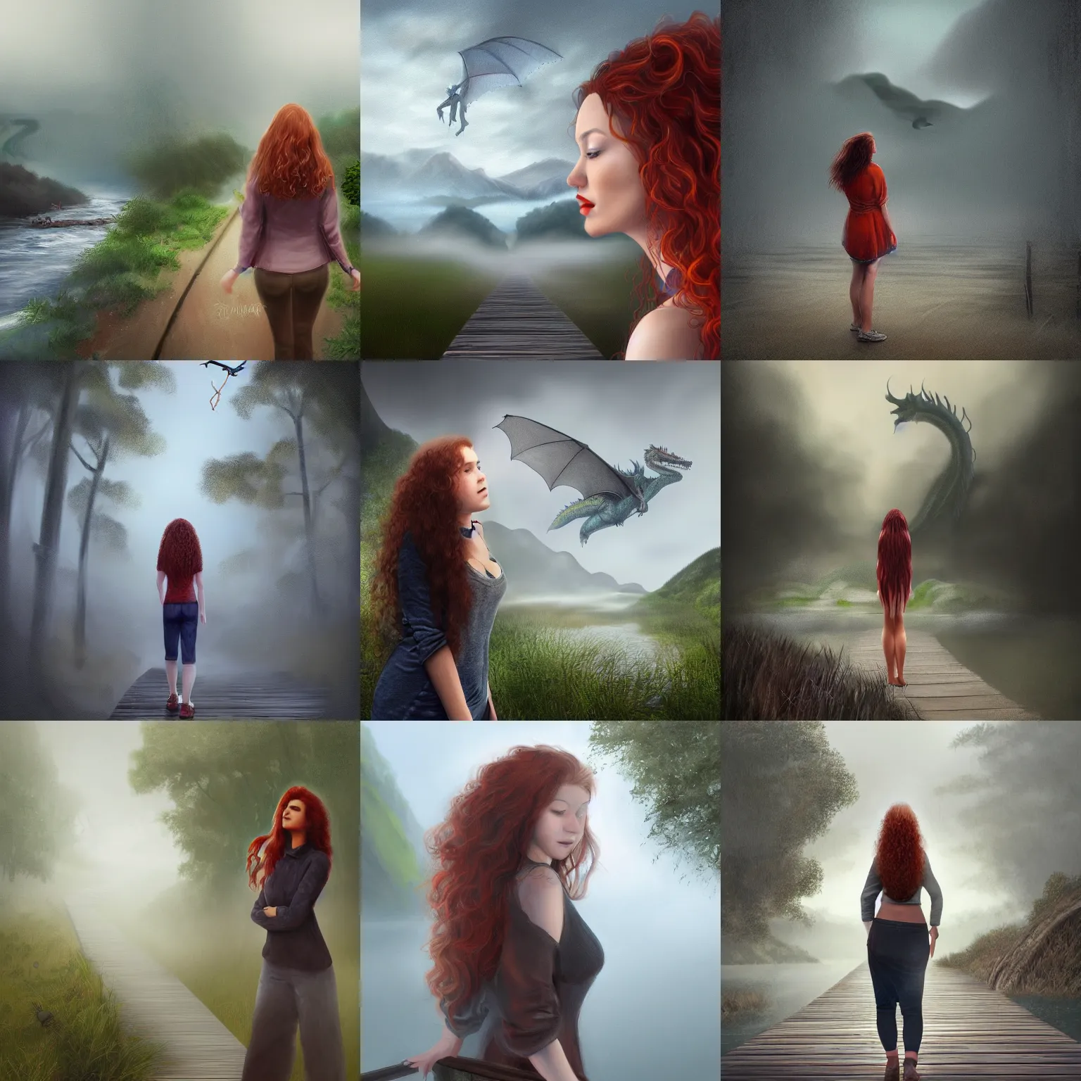 Prompt: a realistic digital painting of a woman with curly long redhair standing in a boardwalk besides a river looking at a dragon flying out of the mountains in a fog during a thunderous weather. Trending on ArtStation
