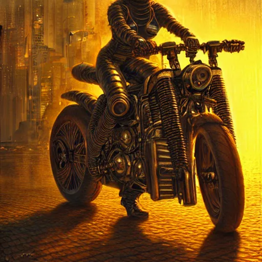 Image similar to cyberpunk motorbiker, atmospheric lighting, painted, intricate, golden hour, ultra detailed by peter gric, giger, enki bilal