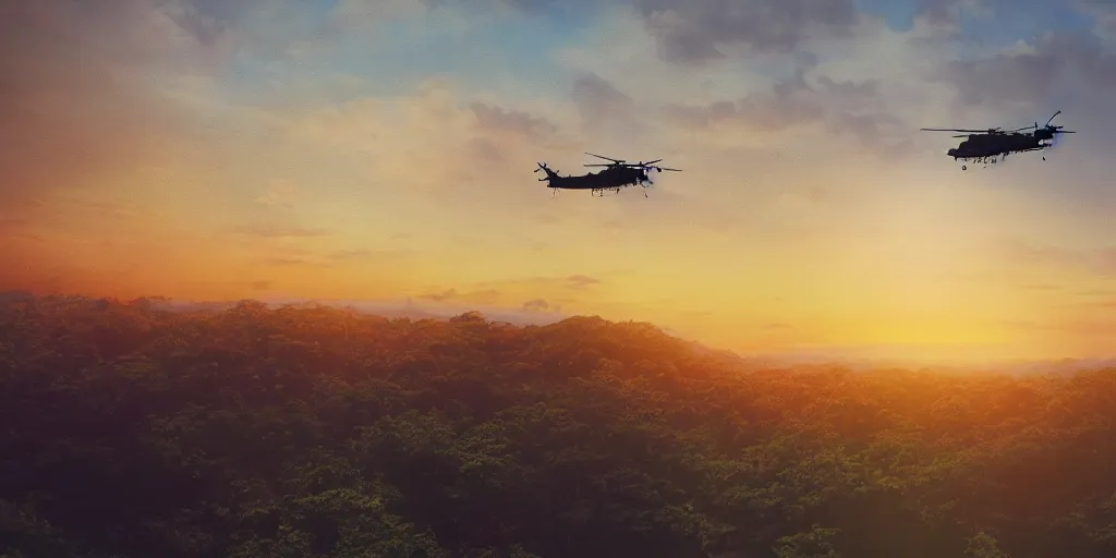 Image similar to Painting of vietnam Huey Helicopters, above a forest, orange sun set, abstract, realism, high details, glow, far, distance, over the horizon, drawn, 8k, octane render, 3D