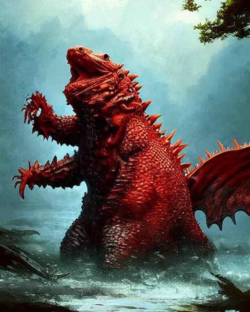 Image similar to Godzilla-like game character beautiful giant kaiju sized pond dragon half fish half salamander, wet amphibious skin, red salamander, aquatic axolotl creature by Ruan Jia and Gil Elvgren, fullbody
