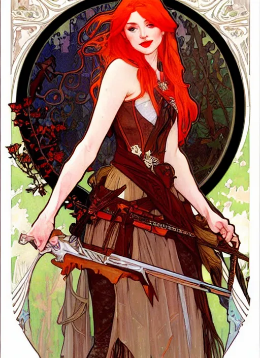 Prompt: full portrait of katherine mcnamara as a hunter, fairy motif, alluring, red hair, pale skin, pelt armor, extremely detailed, digital illustration, by rossdraws, alphonse mucha, frank fanzzeta, collectible card art