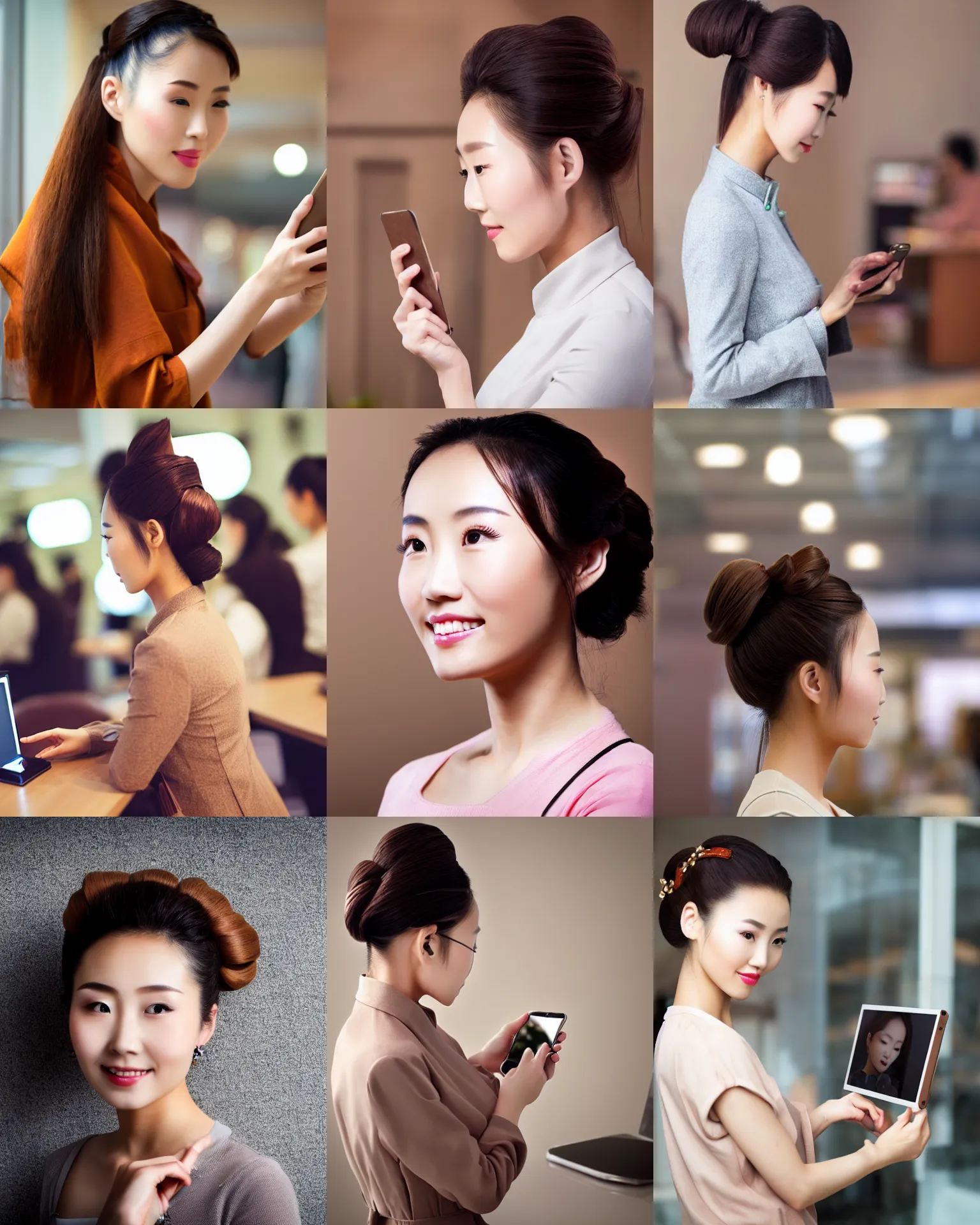 Prompt: light brown updo chinese beauty on the mobile phone facing the computer display, full body, wide angle lens, bokeh