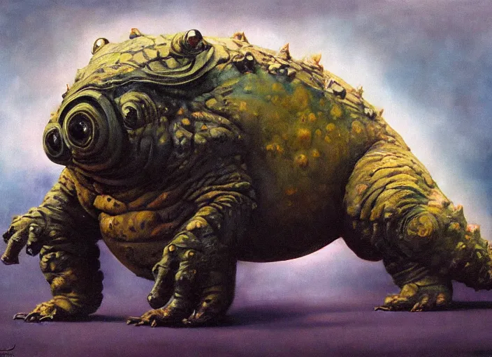 Image similar to realistic painting of a tardigrade kaiju, walking wide angle, by frank frazetta, by georgia o keeffe, by amano, slimy, reflective, scales,, big globule eye, godzilla, vintage poster retro,, oil painting, tonalism, fantasy, crispy, dune, cinematic, japanese art, tonalism