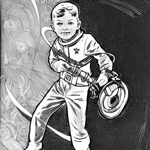 Image similar to a cute little boy with a mischievous face and short ginger hair. he is dressed as an astronaut. well composed, clean elegant painting, beautiful detailed face. painting by steve ditko and jack kirby and ( alphonse mucha )