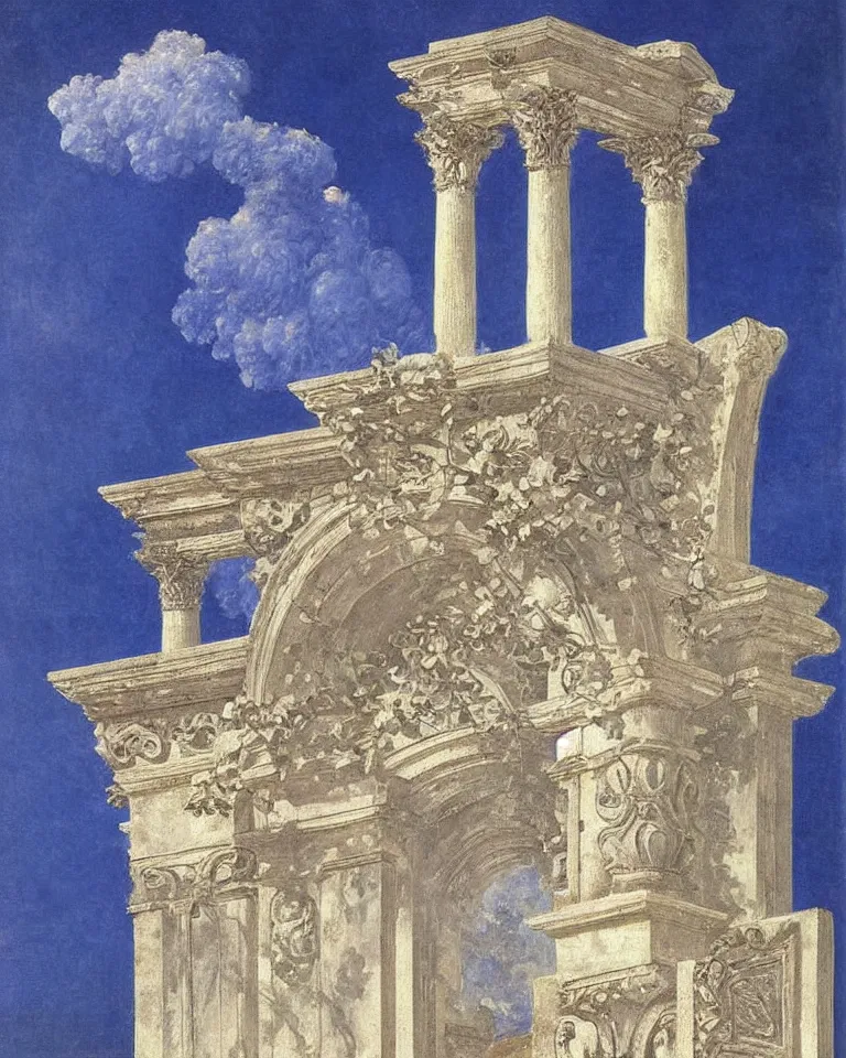 Image similar to achingly beautiful painting of intricate ancient roman corinthian capital on sapphire background by rene magritte, monet, and turner. giovanni battista piranesi.