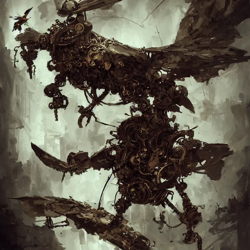 Image similar to a detailed concept art of a steampunk bird by ashley wood, dynamic lighting, cinematic, epic composition, masterpiece