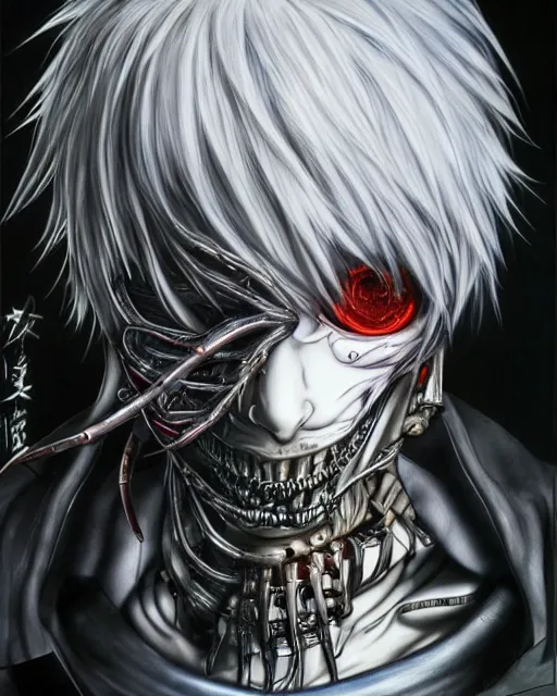 Prompt: ken kaneki by yoshitaka amano, by hr giger, biomechanical, 4 k, hyper detailed, hyperrealism, anime