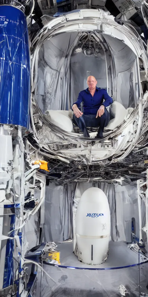 Image similar to jeff bezos sitting inside of a blue origin rocket that's parachute has failed, hyper realistic, sony 5 0 mm lens