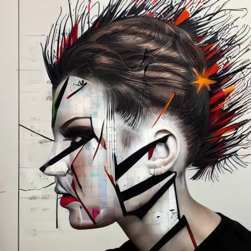 Prompt: beautiful woman seen in profile, haloed by an explosion of microsoft excel chart lines and graphs, white background, sandra chevrier, rik oostenbroek