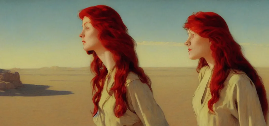 Prompt: face portrait of a nurse with long red hair, blazing sun, in a huge desert, sci - fi by emile friant and moebius