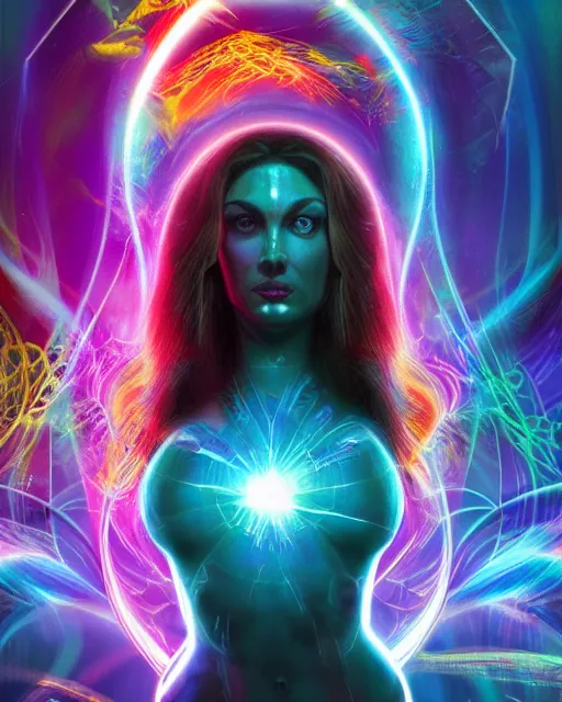 Image similar to a powerful energy psychedelic matrix woman, by alexander fedosav, hyper detailed digital matte painting, concept art, hyperrealism, 1 6 k resolution, cinema 4 d, 8 k resolution, trending on artstation, behance hd, a masterpiece, by stephan martiniere, particles, cel - shaded, power bright neon energy, by david a. hardy,