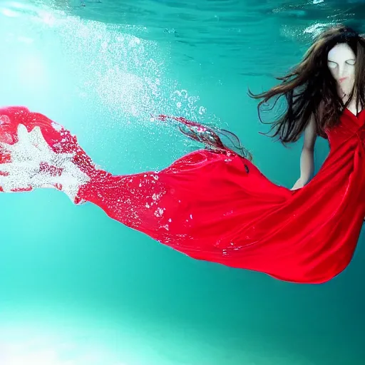 Image similar to beautiful portrait of fashion model in red silk underwater