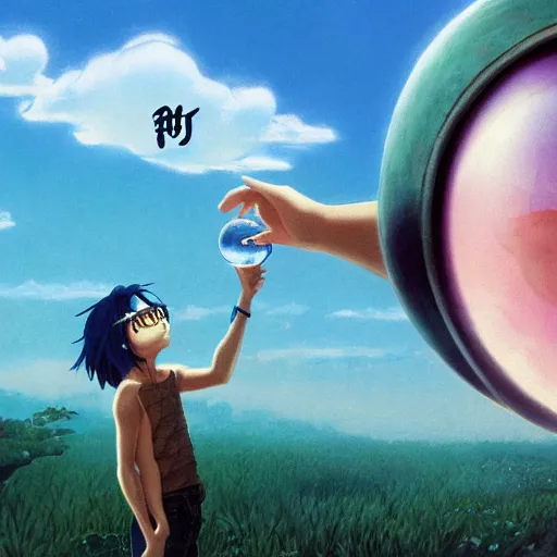 Prompt: a man with his face hidden by hair wearing glasses holds up a crystal ball with mathematical symbols, makoto shinkai, cinematic, panoramic, tim white, michael whelan, roger dean, bob eggleton, featured on pixiv, environmental art, official art, anime, movie poster