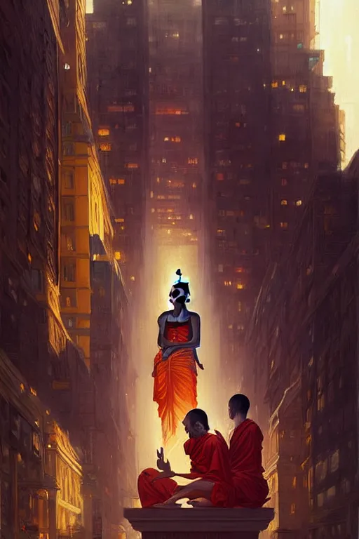 Image similar to city, buddhism, taoism, painting by greg rutkowski, j. c. leyendecker, artgerm