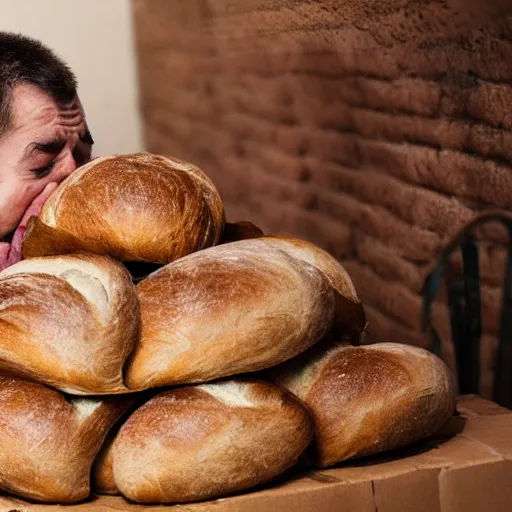 Image similar to man crying in a room full of bread, 4 k