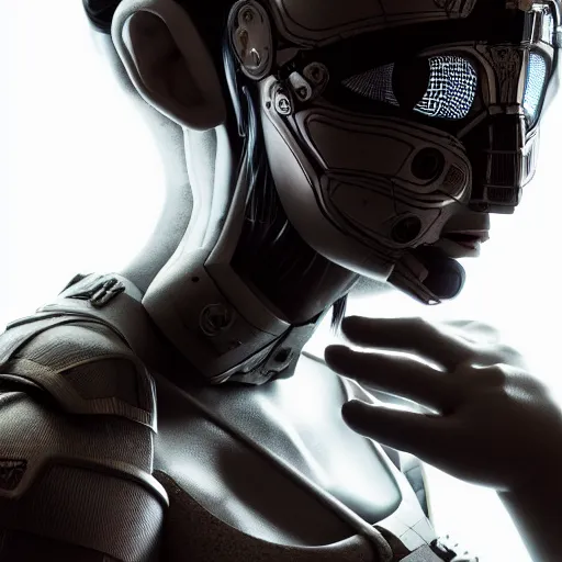 Image similar to a hyper realistic futuristic, minimal, stunningly cyborg tradition geisha photograph, covering face with a intricate sci - fi fan, in a dark futuristic room, metal gear solid, dark moody backlighting, ray tracing, octane render,