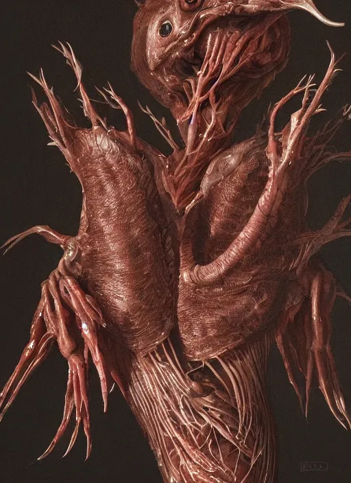 Prompt: portrait of a hyper realistic demonic goose with translucent skin, visible muscles and veins and arteries and bones and spines and nerves, beautiful detailed intricate insanely detailed octane render, 8k artistic photography, photorealistic, chiaroscuro, by David Cronenberg, Raphael, Caravaggio