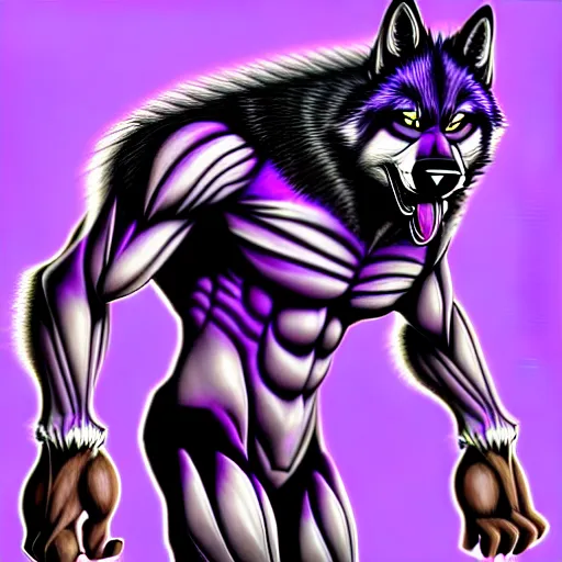 Image similar to anthropomorphic muscular purple wolf, generic furry style, wearing jeans, deviant art, professional furry drawing, insanely detailed, artistic design, hyper detailed wolf - like face, doing a pose from jojo's bizarre adventure, detailed veiny muscles, exaggerated features, beautiful shading, dramatic lighting, huge spikey teeth