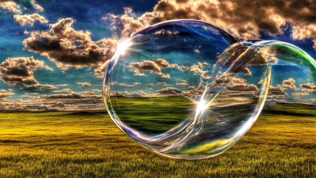 Prompt: a highly detailed 4 k photograph of the windows xp bliss wallpaper inside of a giant floating soap bubble, shattering in a glassy and intricate sky.