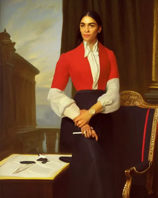 Image similar to close - up portrait of the united states president, alexandria ocasio - cortez, standing at the resolute desk, 1 8 4 8, attractive, oil on canvas by william sidney mount, trending on artstation, national archives