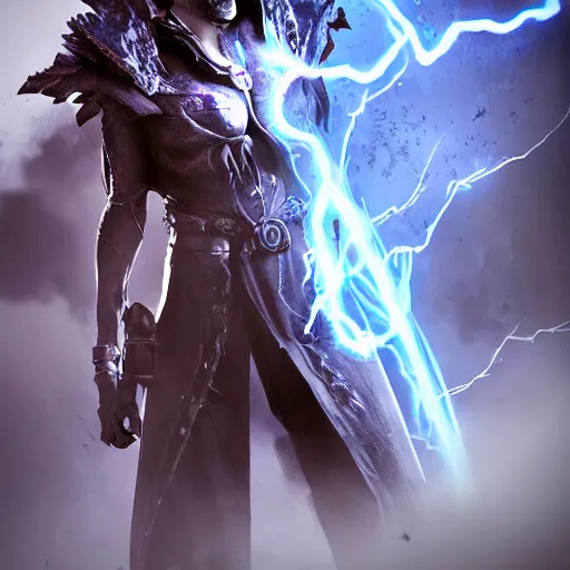 Image similar to character design, dark arcanist, blue lightning, blue mist, fog, scary, photorealistic, unreal engine