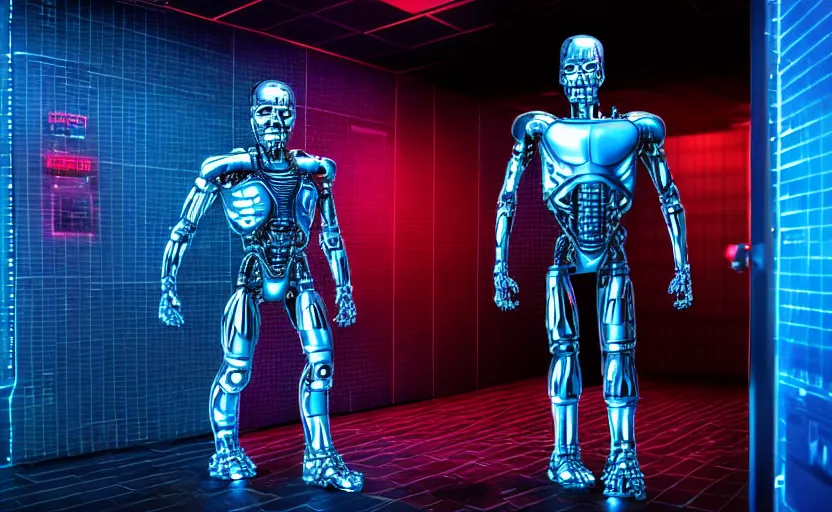 Prompt: high detailed terminator without flesh, staying in front of data center room. extreme long shot, 1 6 mm, cold neon light, high detail, cinematic colors, sharp, marvel comics