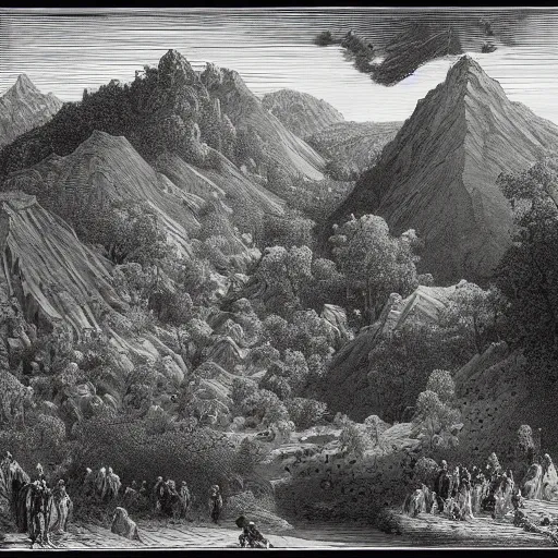 Image similar to the earthly paradise, gustave dore engraving