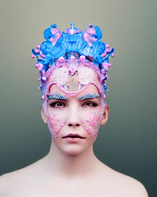 Prompt: natural light, soft focus portrait of an android with soft synthetic pink skin, blue bioluminescent plastics, smooth shiny metal, elaborate ornate head piece, piercings, skin textures, by annie liebovotz,