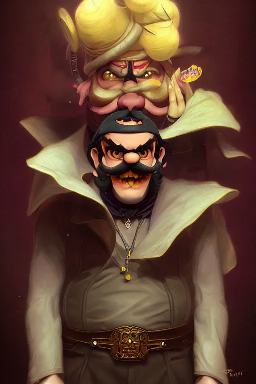 Image similar to portrait of Wario from WarioWare, dreamy and ethereal and dark, smiling expression, dark fantasy, chaotic, elegant, highly detailed, digital painting, artstation, concept art, smooth, sharp focus, illustration, art by artgerm and greg rutkowski and alphonse mucha