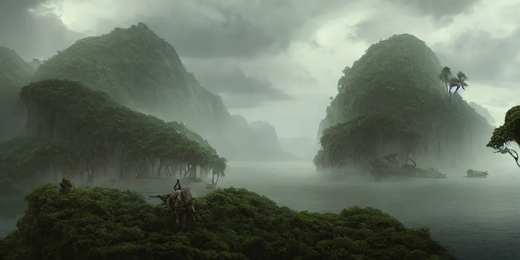 Prompt: screenshot from a movie, epic matte painting of a misty jungle island on choppy seas, fps, cinematic cinematography masterpiece, skull, greg rutkowski, and ivan aivazovski, roger deakins