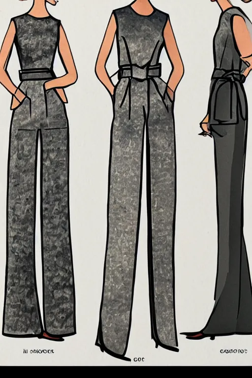 Image similar to a detailed fashion illustration of a midcentury hostess gown pants set