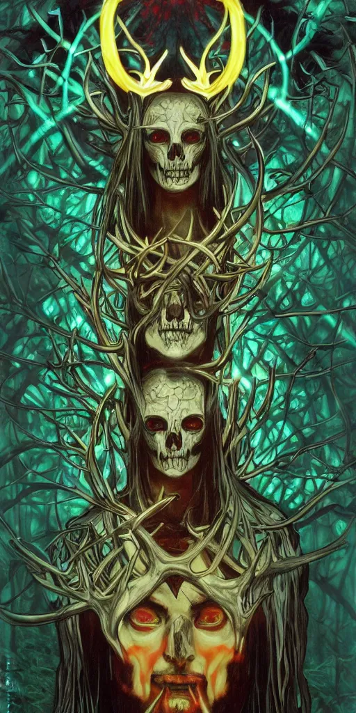 Prompt: intense glowing black metal pagan god with antlers and veins and intense glowing eyes with a skull in very dark forest by artgerm and alphonse mucha, portrait, fantasy, clear, red and teal and yellow, light beams, lens flare, intense, uhd, amazing depth, cinematic lighting